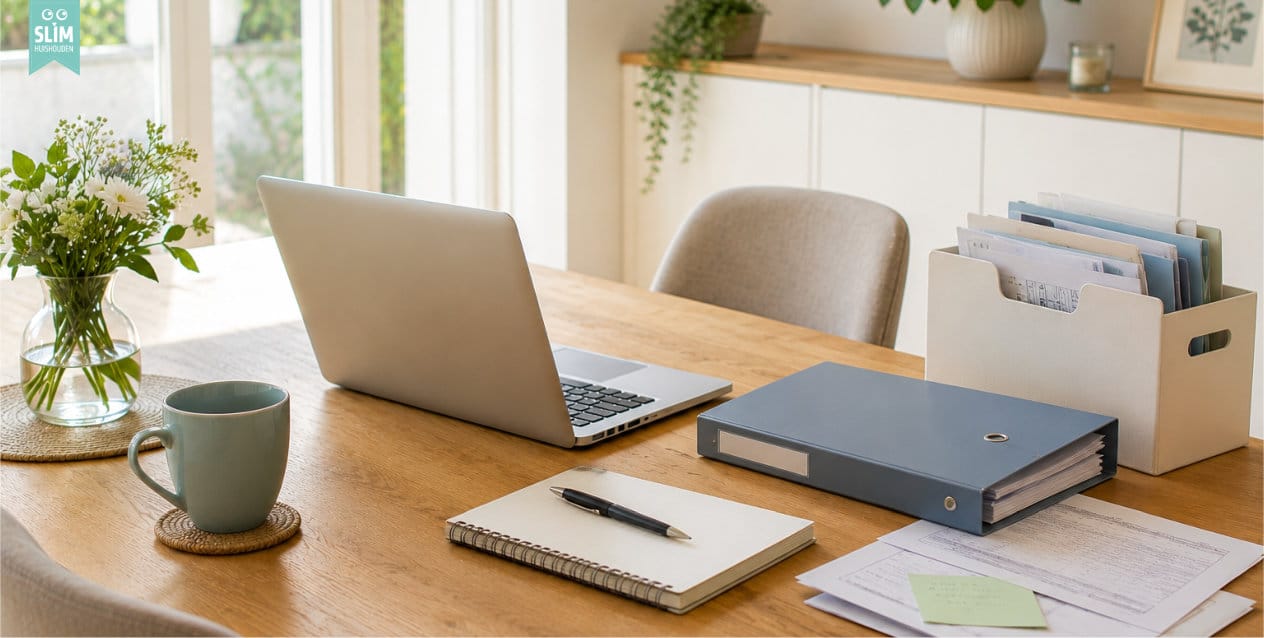 B eettafel met laptop en documenten als werkplek voor de thuisadministratie Eettafel met laptop en documenten als werkplek voor de thuisadministratie
