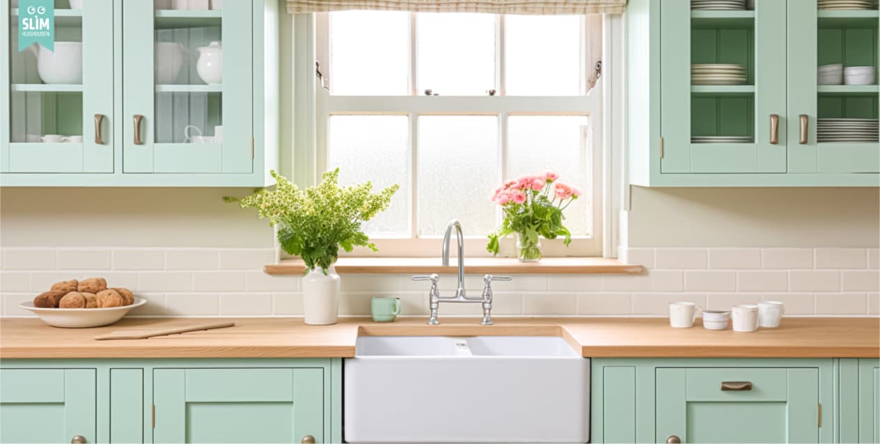 Zachte mintgroene keuken – overzicht van huishoudelijke apparaten schoonmaken | Slim Huishouden