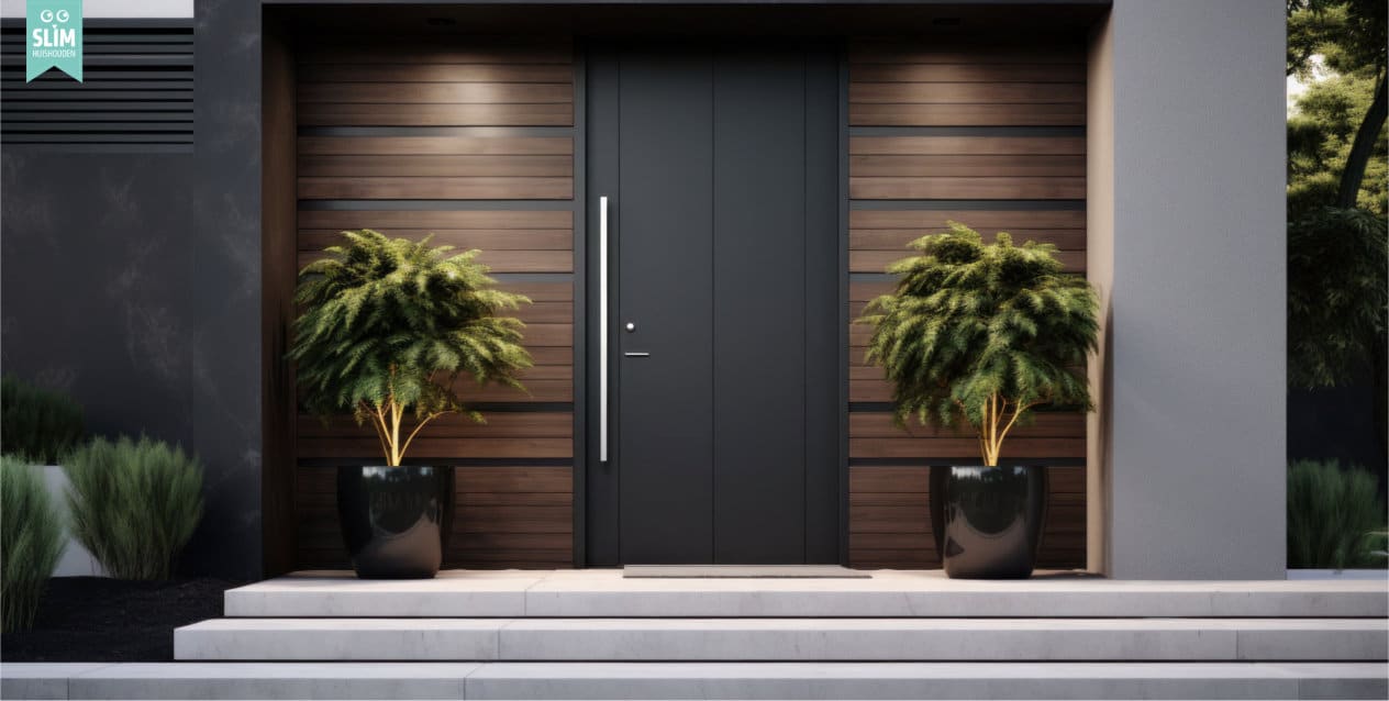 moderne voordeur van een woning met donker deurblad en houten gevelbekleding