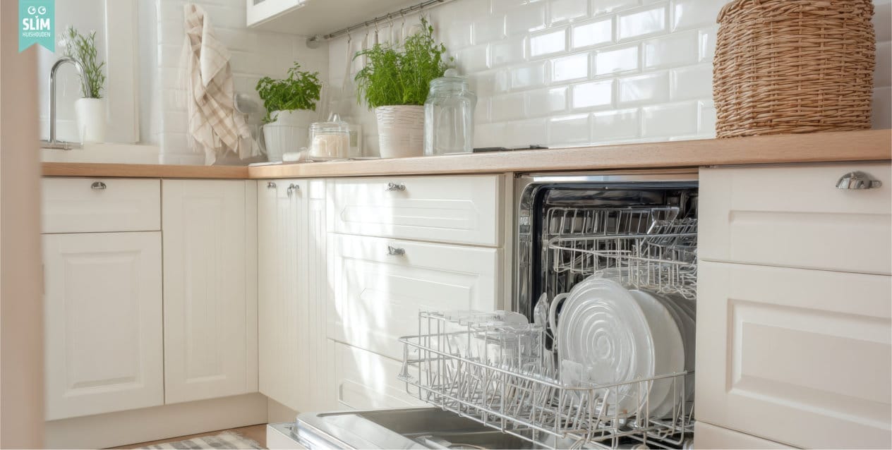 open vaatwasser met schone vaat in lichte keuken 
