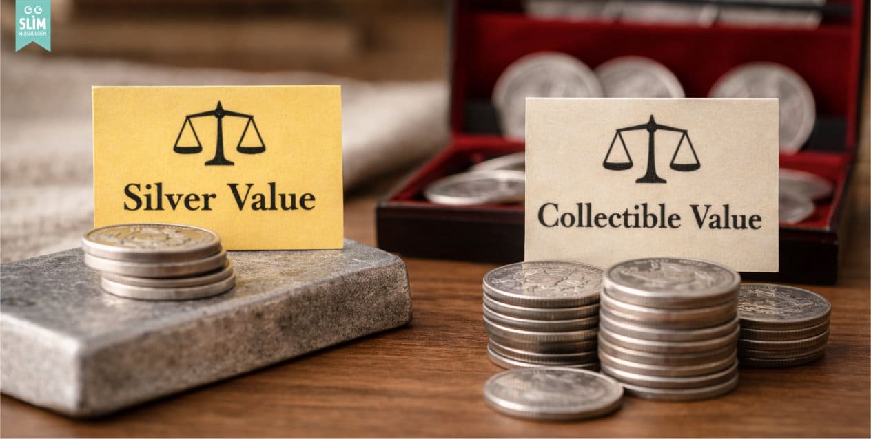 zilveren munten verdeeld in zilverwaarde en verzamelwaarde op tafel 