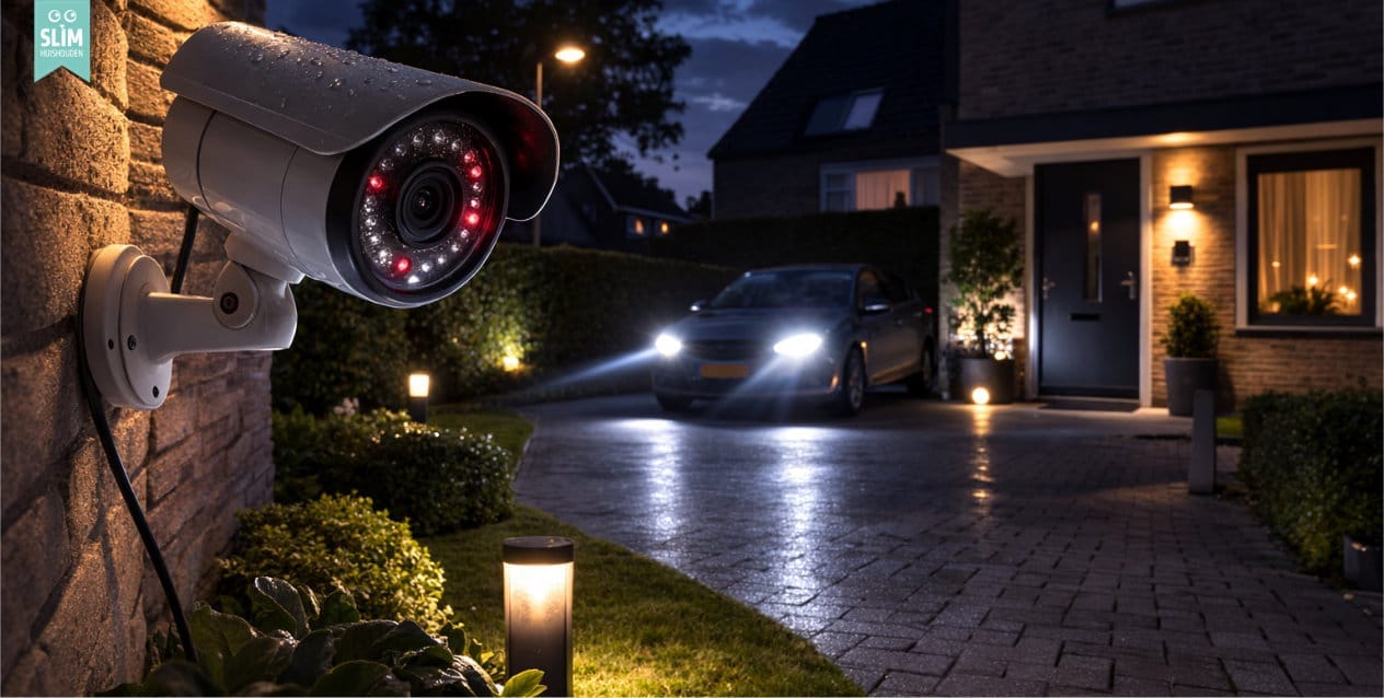 Beveiligingscamera met infrarood nachtzicht bij oprit van een woning met auto en koplampen 