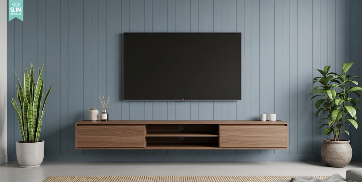 Wandgemonteerde televisie boven zwevend houten tv-meubel met weggewerkte kabels in moderne woonkamer