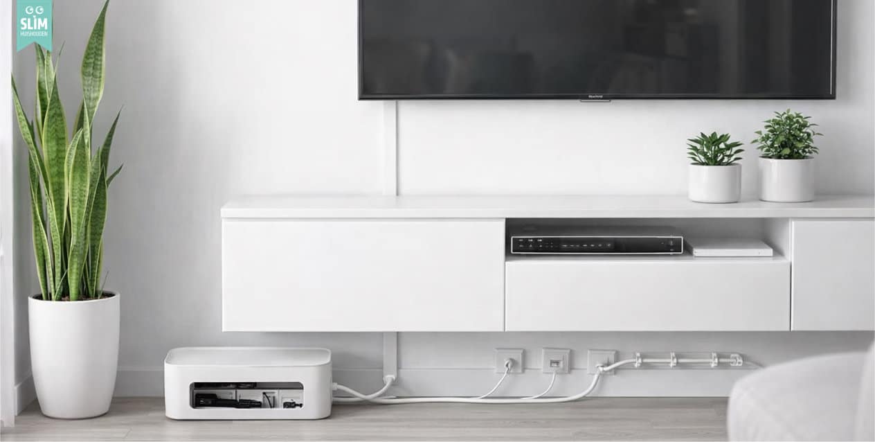 Kabelbox met weggewerkte stekkerdoos onder tv-meubel 