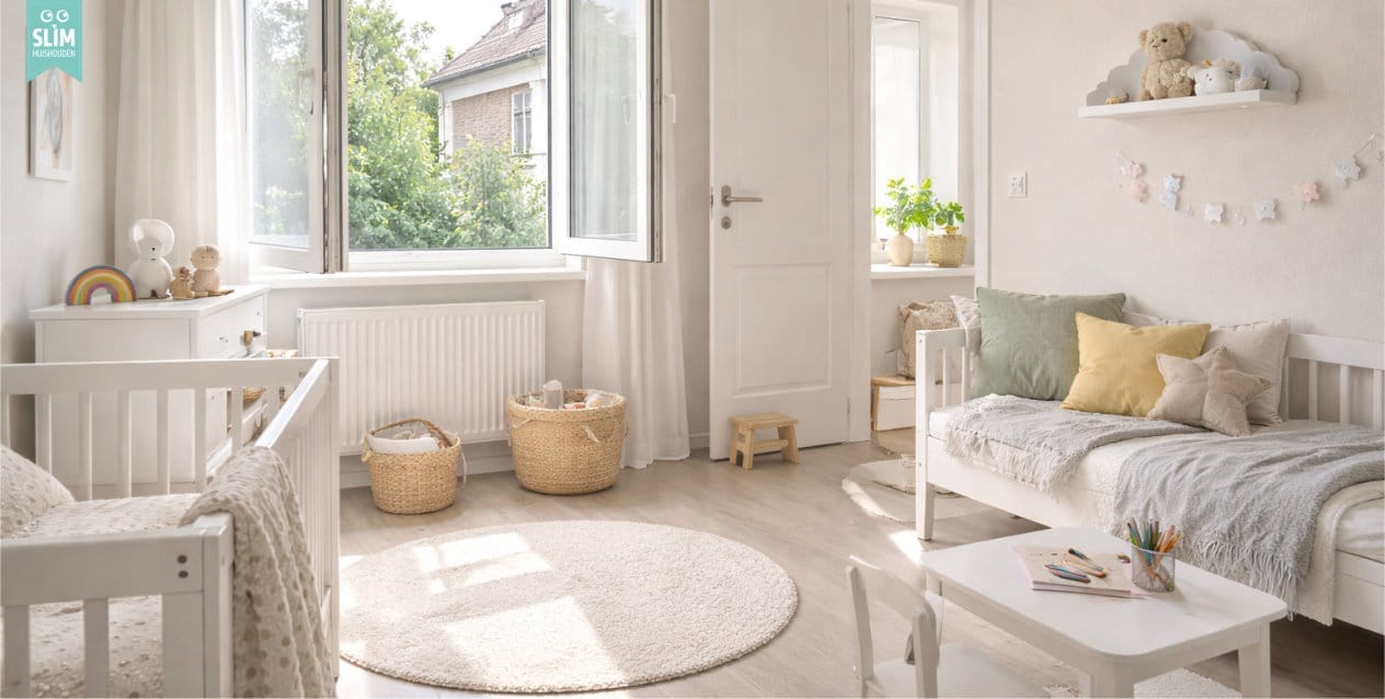 Open raam in lichte kinderkamer met daglicht en frisse lucht