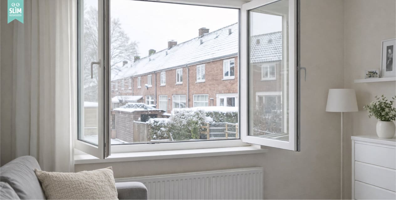 Open raam in lichte woonkamer met uitzicht op besneeuwde rijtjeshuizen in de winter