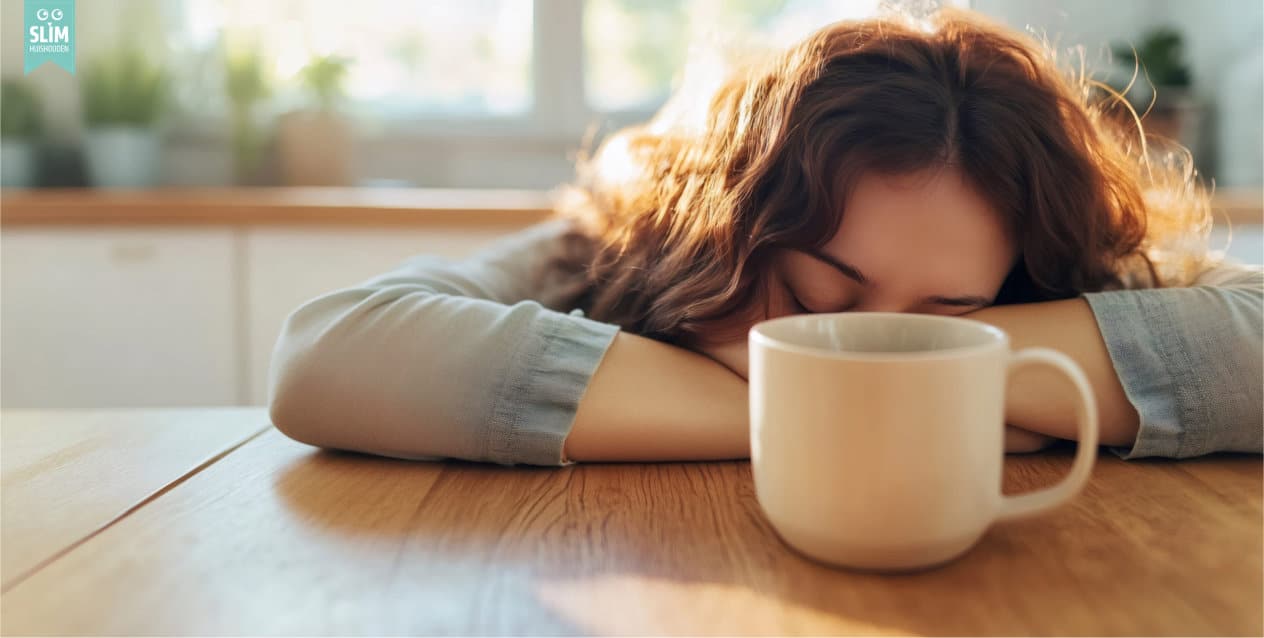 Vermoeide vrouw rust met haar hoofd op tafel naast een koffiemok in daglicht