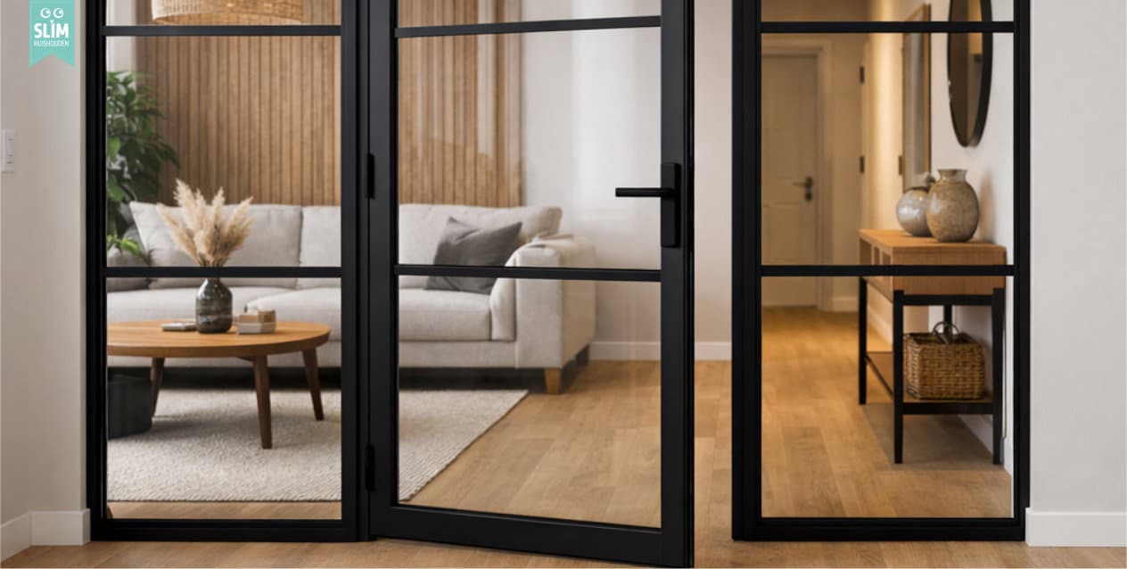 Blog Glazen binnendeur met zwart frame en glaspanelen tussen woonkamer en hal in modern interieur met hout