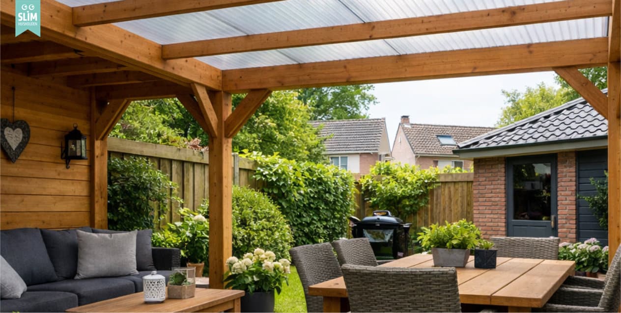 Houten tuin-overkapping met lichtdoorlatende polycarbonaat golfplaten