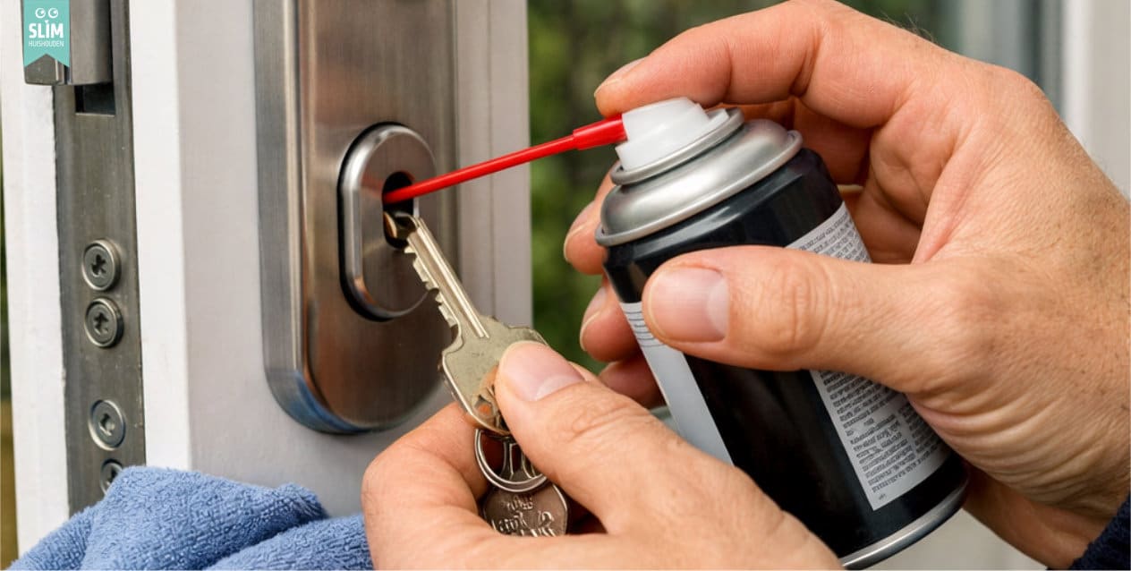 Blog Sloten onderhouden – Hand smeert cilinderslot van voordeur met slotenspray Hand smeert cilinderslot van voordeur net slotenspray