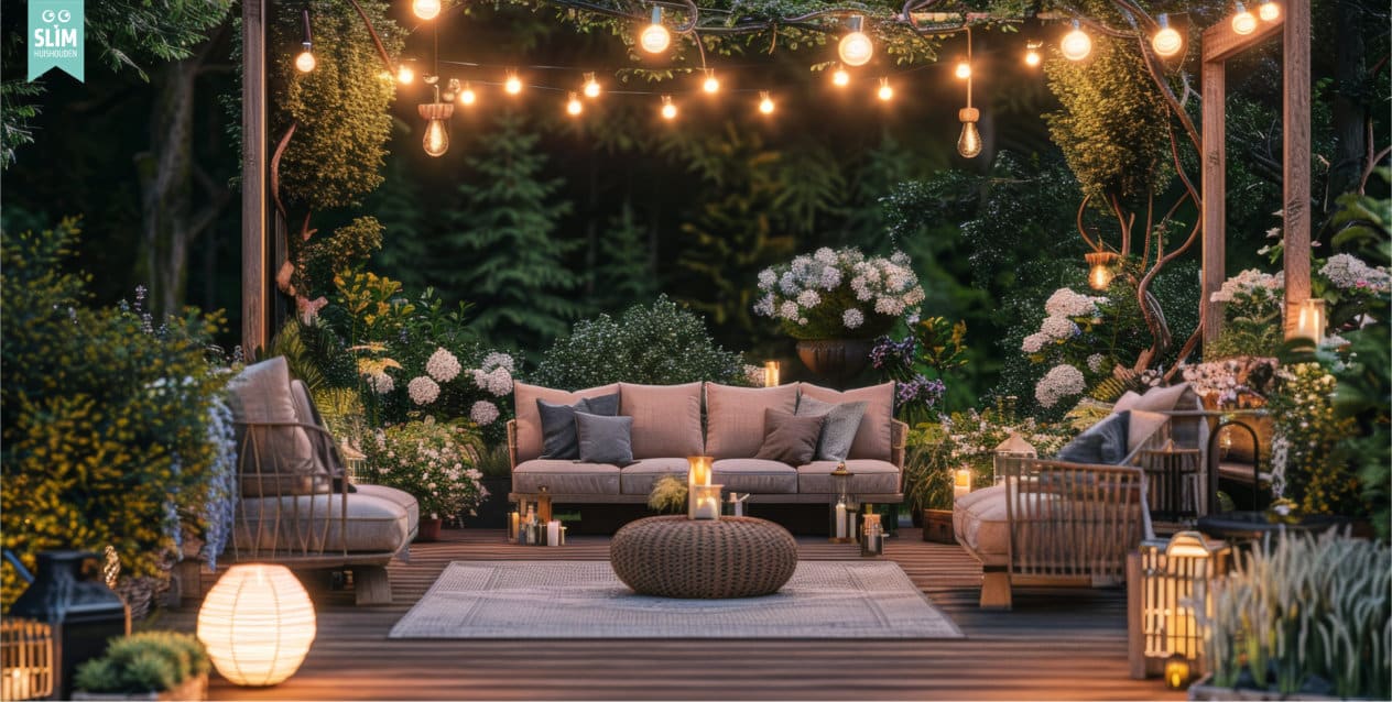 Gezellige tuin met loungeset en lichtsnoeren in de avond