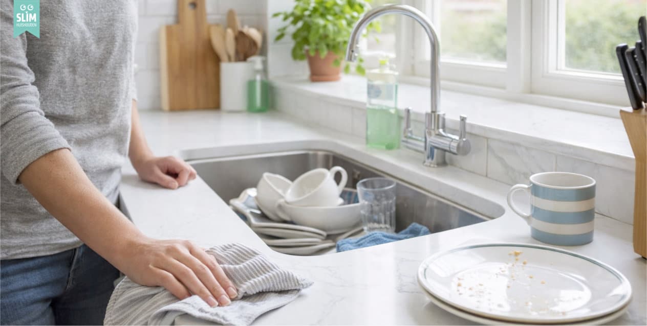 persoon maakt aanrecht schoon met doekje terwijl er afwas in de gootsteen staat