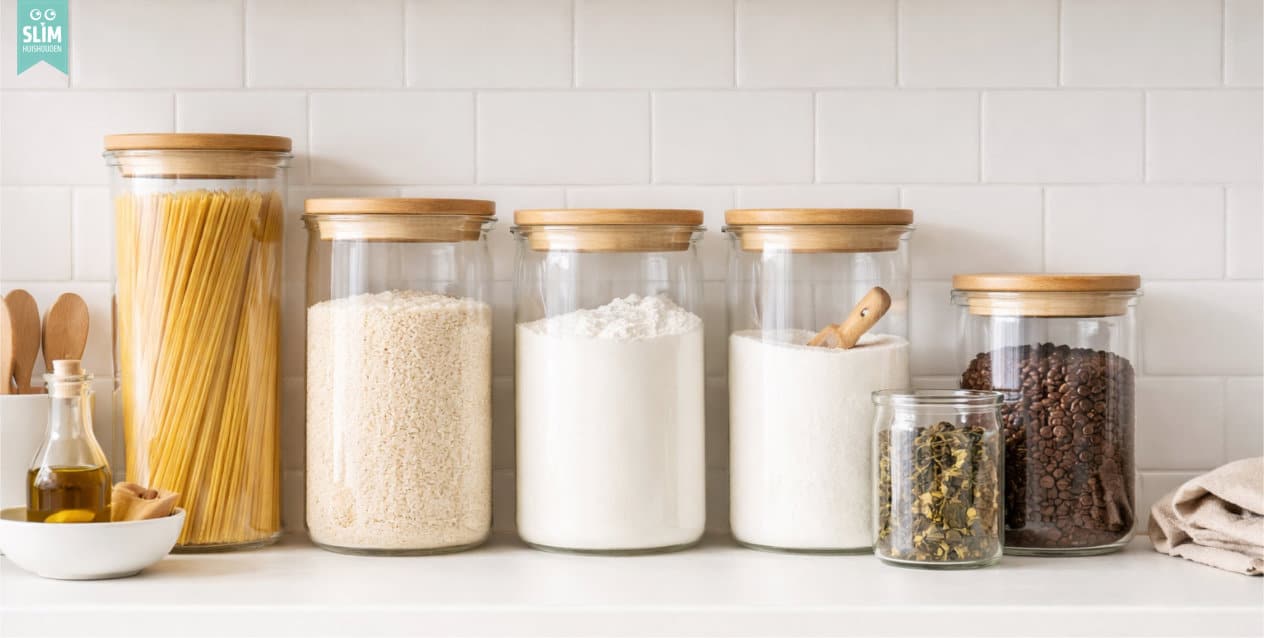Voorraadpotten met pasta en rijst op een plank in de keuken