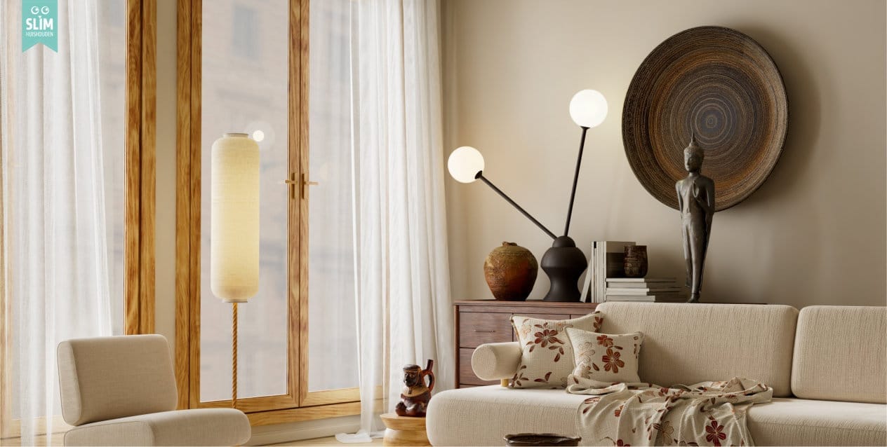 Blog Waarom LED verlichting – Gezellige woonkamer met warme verlichting, beige bank en houten accenten Gezellige woonkamer met warme verlichting, beige bank en houten accenten