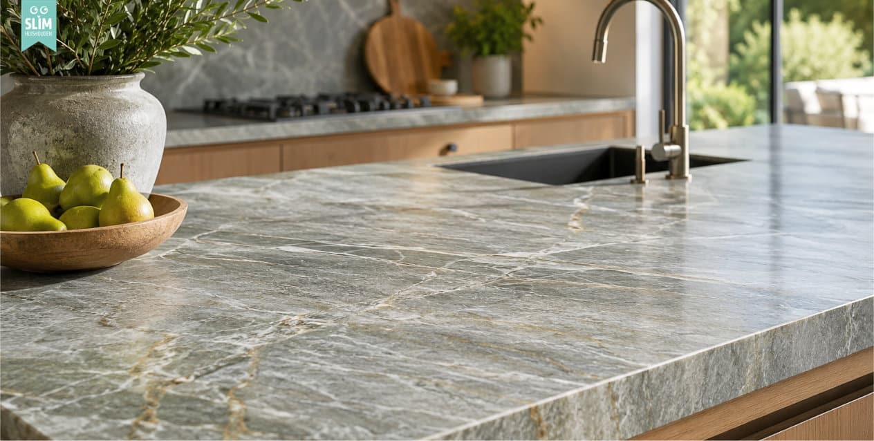 Blog Kwartsiet keukenblad in keuken met houtlook keukenkasten en zwarte spoelbak