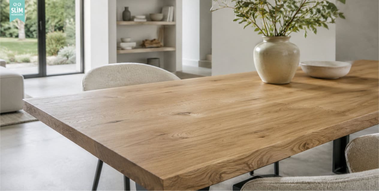 Blog Massief eiken tafelblad in woonkamer met beige stoelen