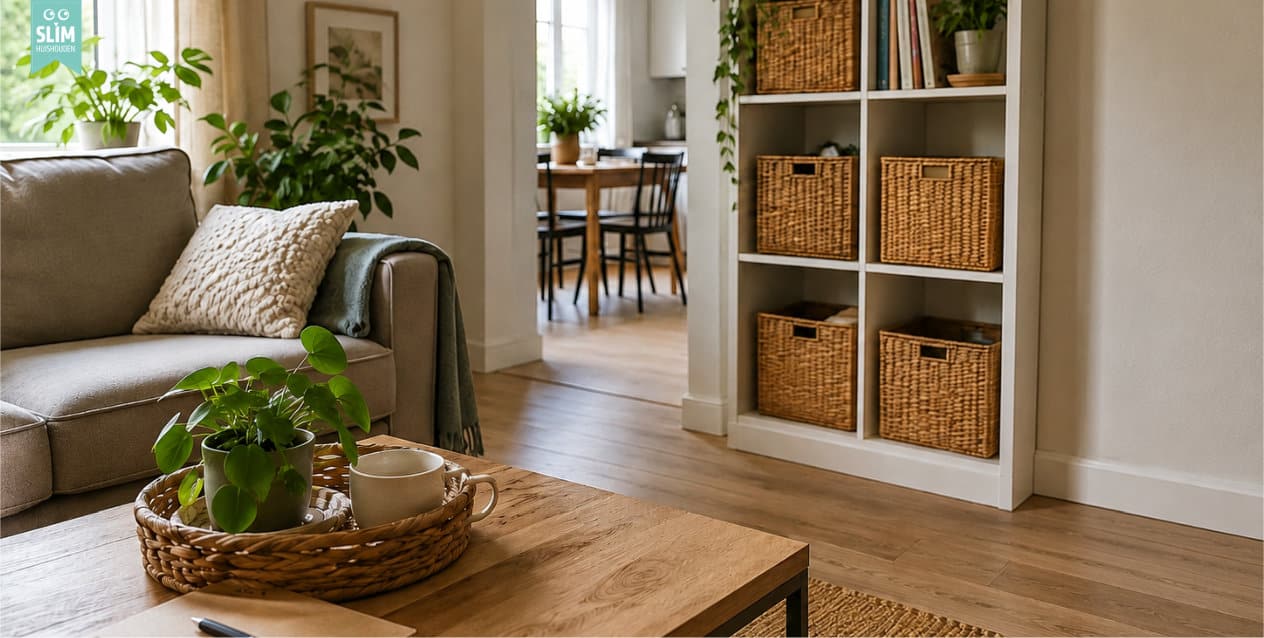 Woonkamer met opbergkast en manden 