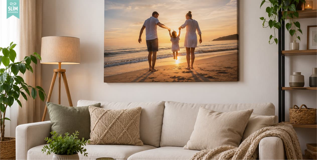 B Foto op canvas – Moderne woonkamer met een grote foto op canvas boven de bank Moderne woonkamer met een grote foto op canvas boven de bank