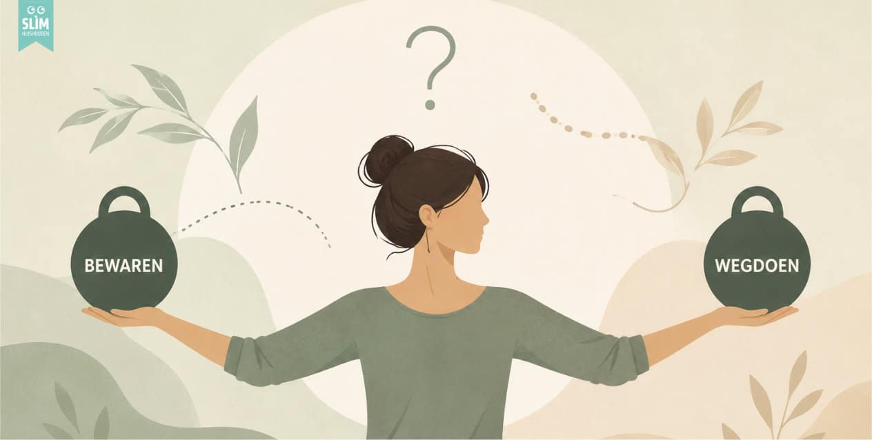 B Houden of wegdoen Illustratie van een vrouw die twijfelt tussen houden of wegdoen tijdens het opruimen Illustratie van een vrouw die twijfelt tussen houden of wegdoen tijdens het opruimen
