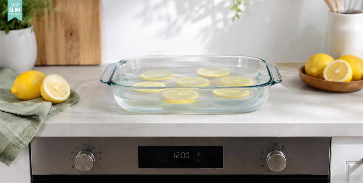 Glazen ovenschaal met water en schijfjes citroen op het aanrecht boven een oven