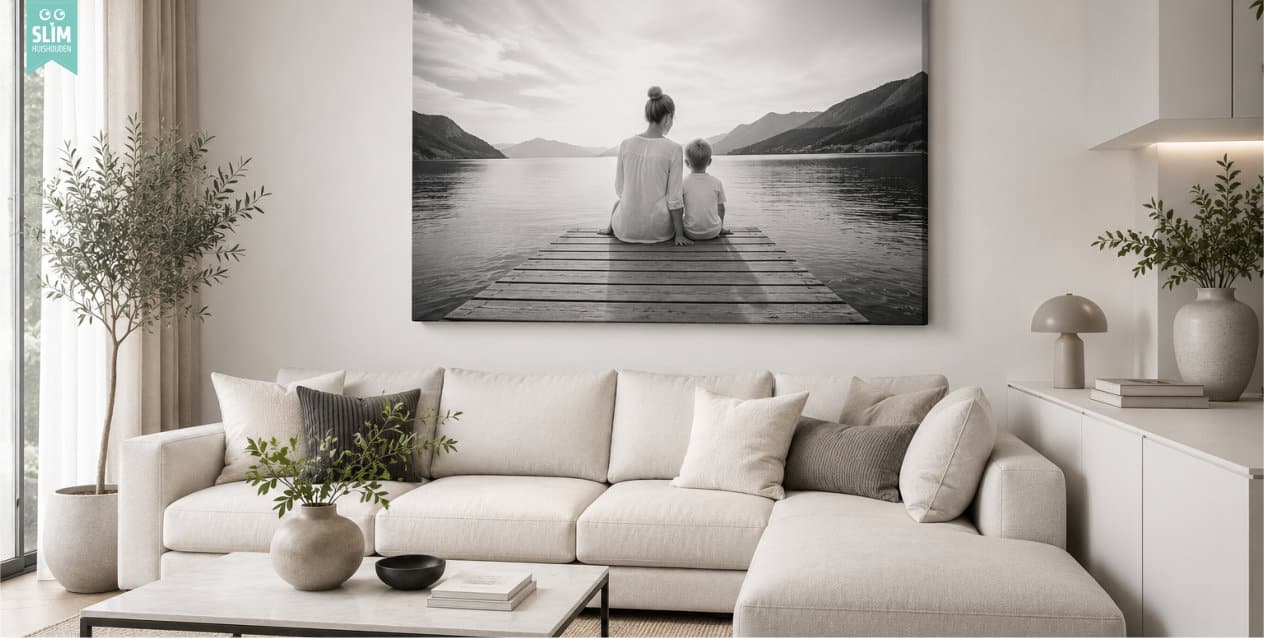 Modern interieur met zwart witte foto op canvas  