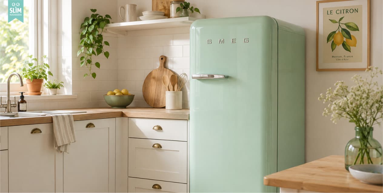 Retro koelkast in een lichte keuken met houten werkblad en witte kastjes