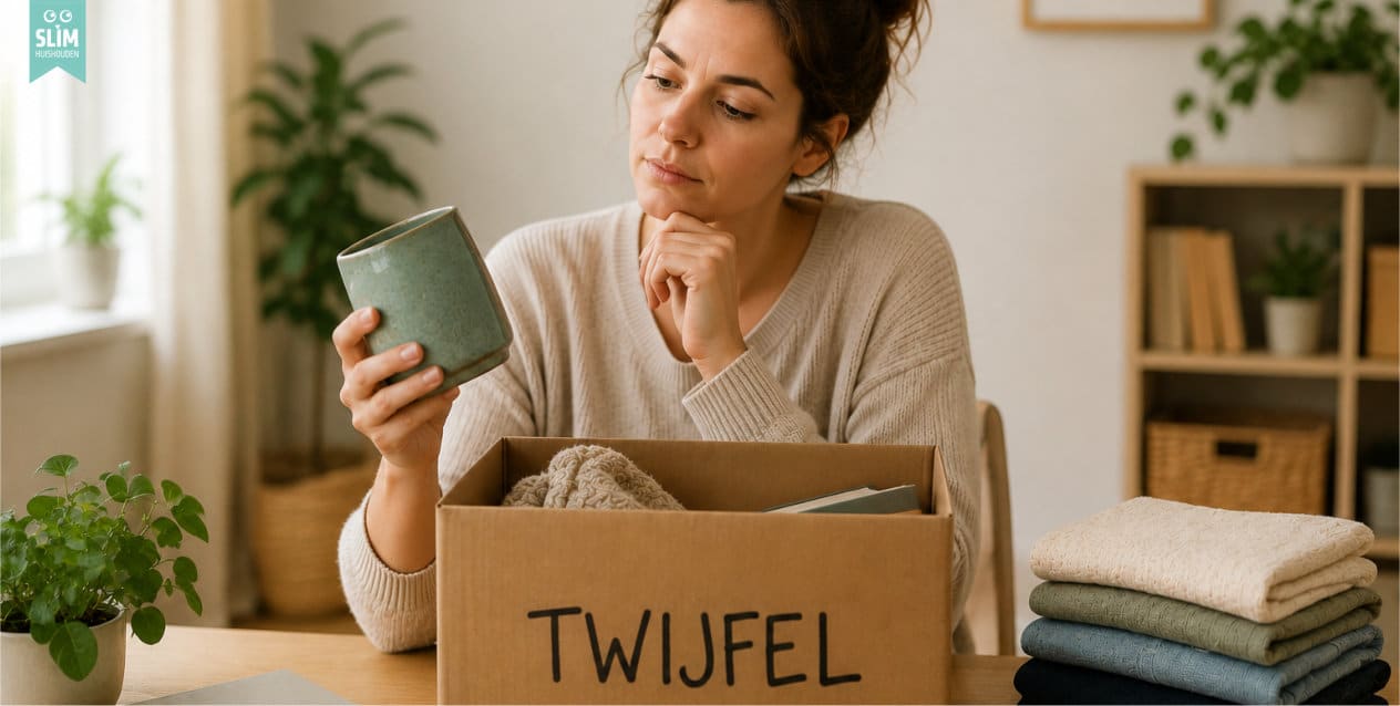 Vrouw die een voorwerp bekijkt boven een twijfeldoos tijdens het uitzoeken van haar spullen