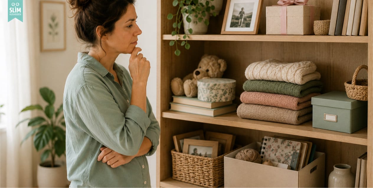 Vrouw die nadenkend naar haar spullen kijkt voordat ze beslist wat ze wil houden of wegdoen
