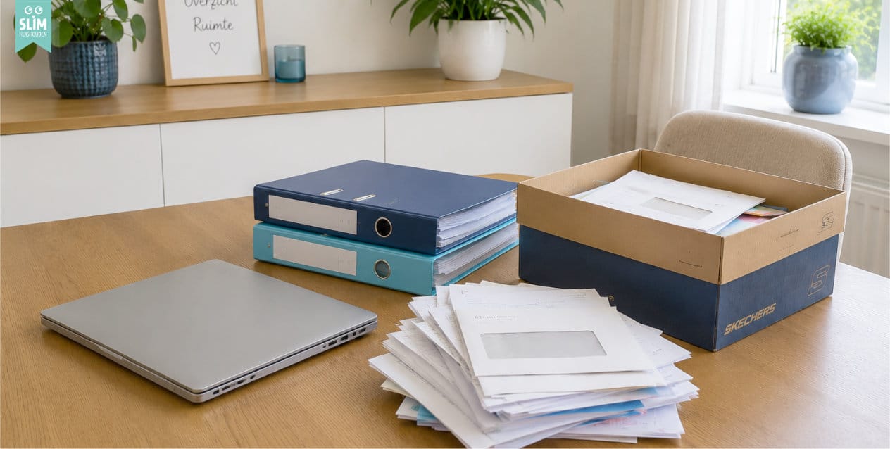 B Eettafel met laptop, ordners en losse administratie die wordt verzameld Eettafel met laptop, ordners en losse administratie die wordt verzameld