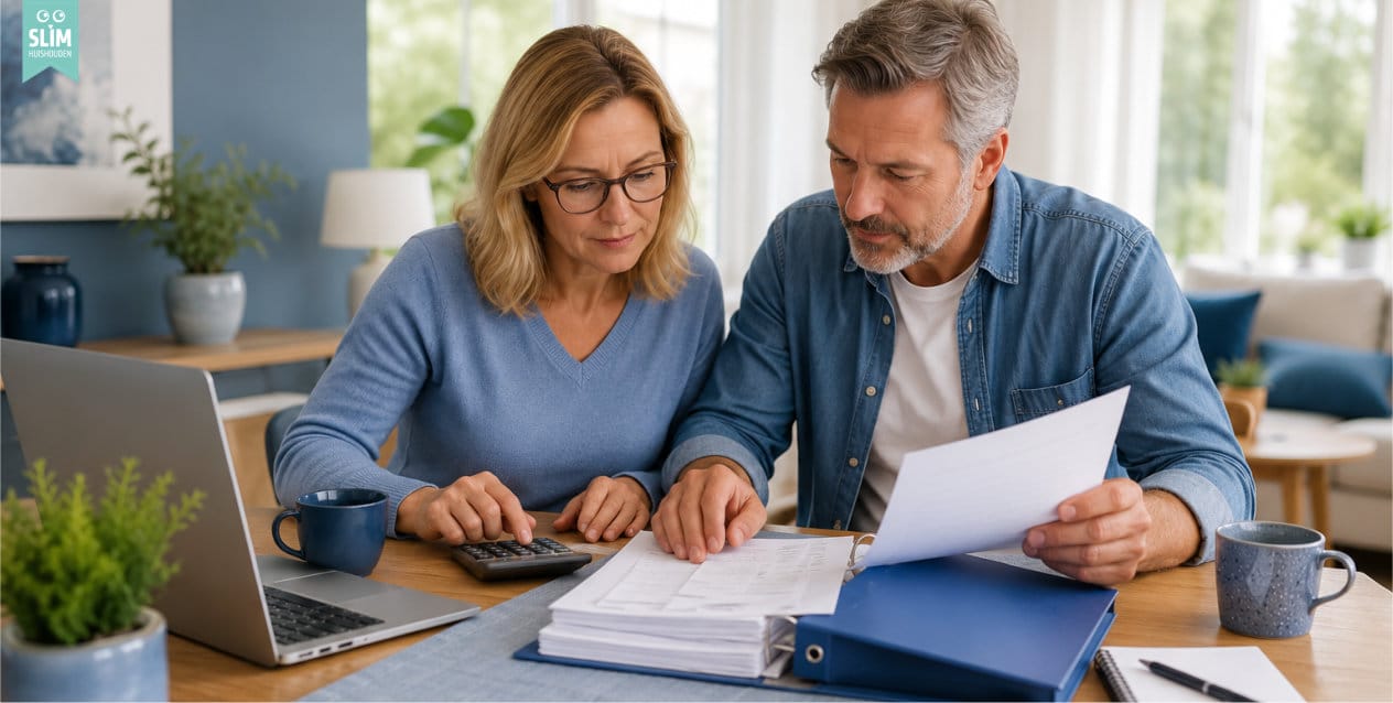 B Man en vrouw doen samen de administratie Man en vrouw doen samen de administratie