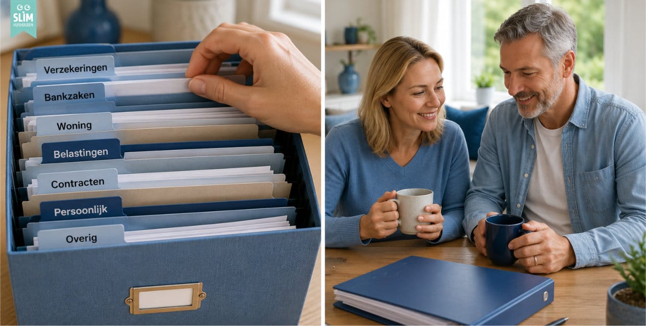 Man en vrouw nemen samen de administratie door met box op tafel 