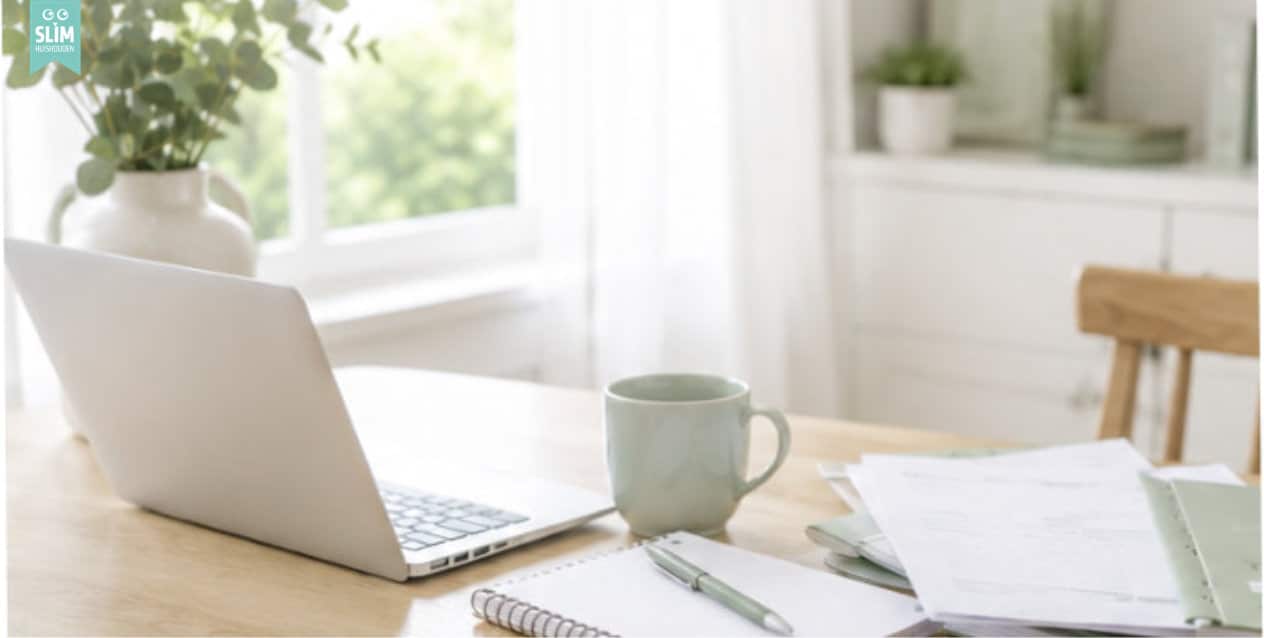Laptop, notitieblok op een houten tafel met groene accessoires